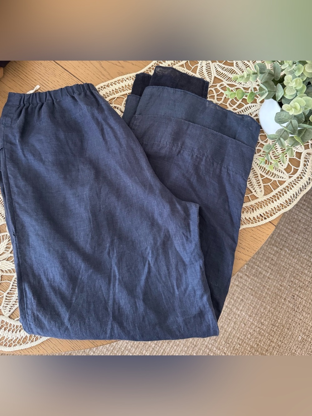 Banana Blue 100% Linen Wide Leg Crop Pants Navy Blue Elastic Waist XS Australia